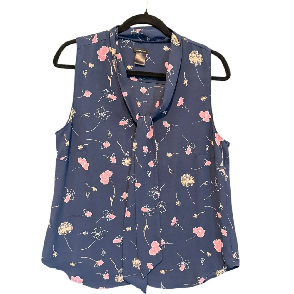 Ann‎ Taylor Womens Navy Blue Pink Floral Tie Neck Sleeveless Blouse Size Medium